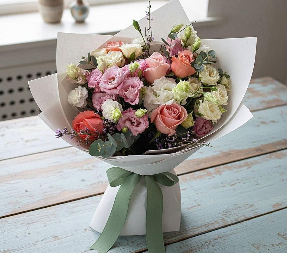 Букет цветов из: Розы, Лизиантусы и Гвоздики в Старице