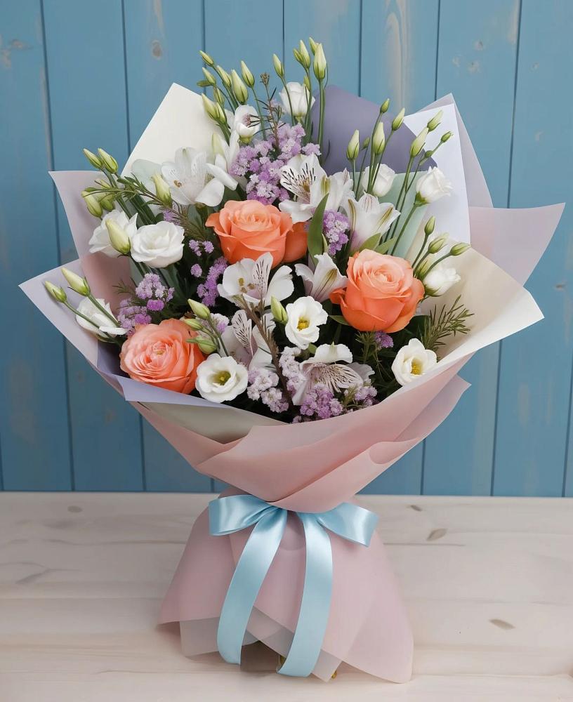 Букет цветов из: Лизиантусы, Розы, Альстромерии и Гипсофила в Старице