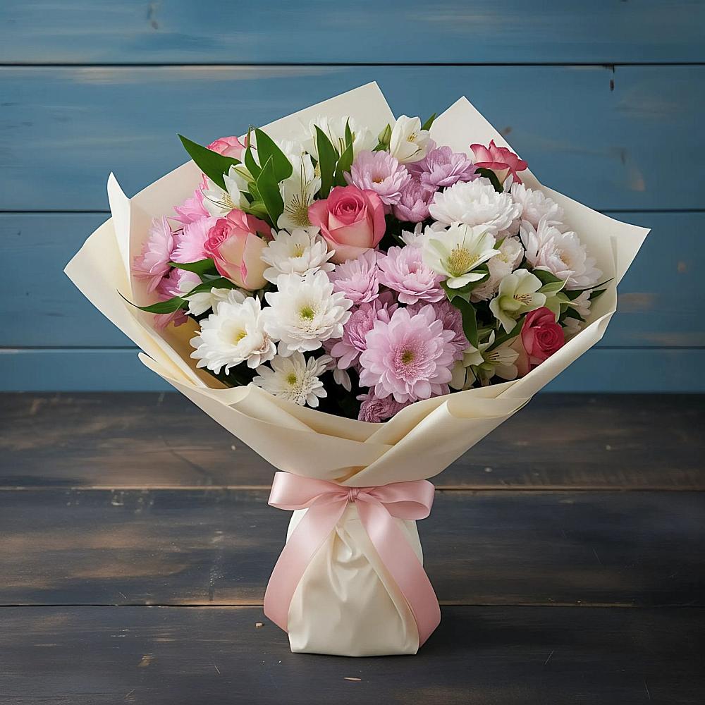 Букет цветов из: Хризантемы, Альстромерии и Розы в Старице